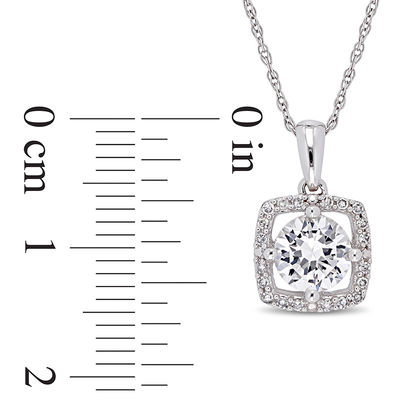 6.0mm Lab-Created White Sapphire and 0.10 CT. T.W. Diamond Cushion Frame Pendant in 10K White Gold