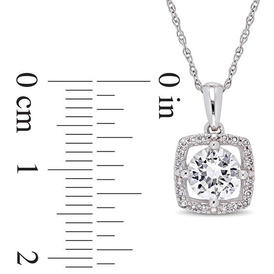 6.0mm Lab-Created White Sapphire and 0.10 CT. T.W. Diamond Cushion Frame Pendant in 10K White Gold