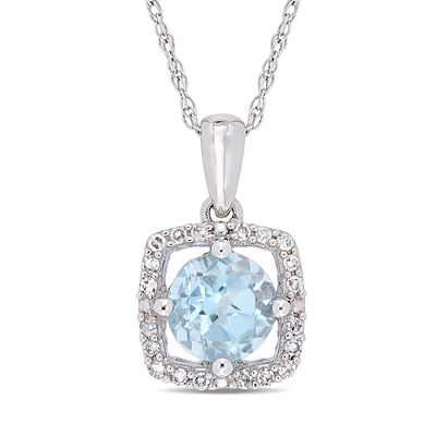 6.0mm Sky Blue Topaz and 0.10 CT. T.W. Diamond Cushion Frame Pendant in 10K White Gold - 17"