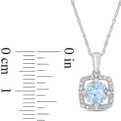 6.0mm Sky Blue Topaz and 0.10 CT. T.W. Diamond Cushion Frame Pendant in 10K White Gold - 17"