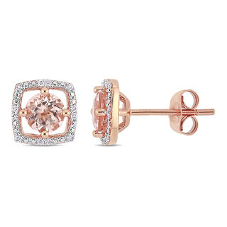 5.0mm Morganite and 0.072 CT. T.W. Diamond Cushion Frame Stud Earrings in 10K Rose Gold