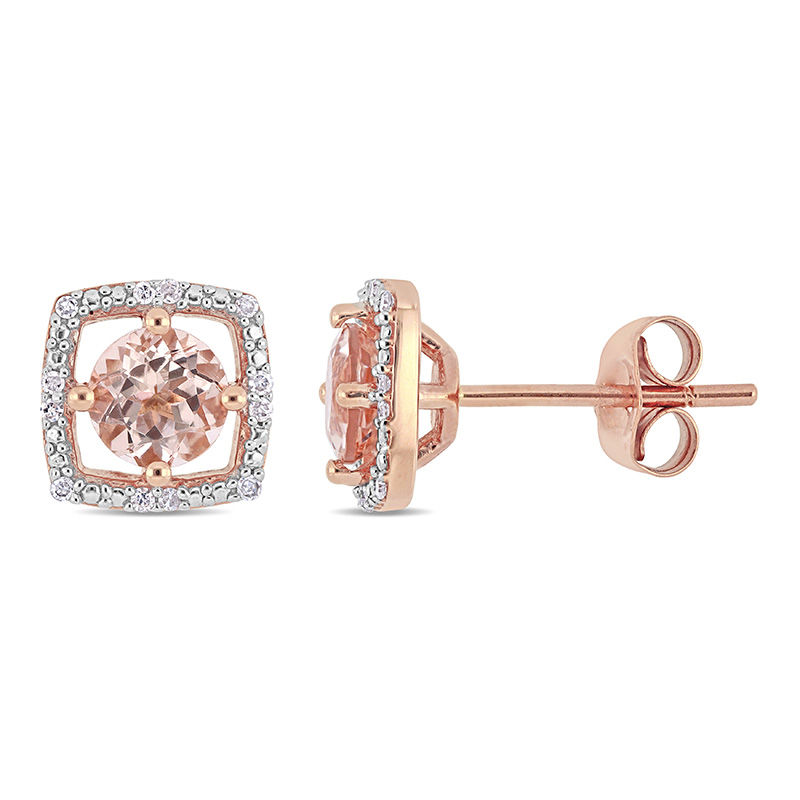 5.0mm Morganite and 0.072 CT. T.W. Diamond Cushion Frame Stud Earrings in 10K Rose Gold|Peoples Jewellers