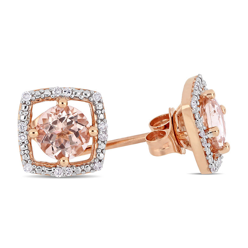 5.0mm Morganite and 0.072 CT. T.W. Diamond Cushion Frame Stud Earrings in 10K Rose Gold