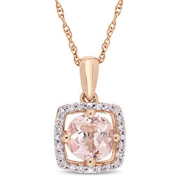 6.0mm Morganite and 0.10 CT. T.W. Diamond Cushion Frame Pendant in 10K Rose Gold - 17&quot;