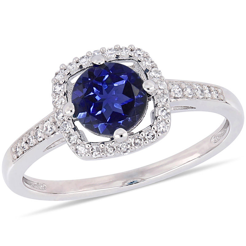 Main Image 1 of 6.0mm Lab-Created Blue Sapphire and 0.144 CT. T.W. Diamond Cushion Frame Ring in 10K White Gold