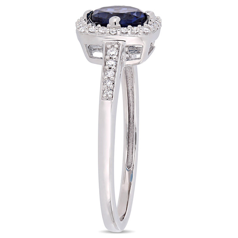 Main Image 2 of 6.0mm Lab-Created Blue Sapphire and 0.144 CT. T.W. Diamond Cushion Frame Ring in 10K White Gold