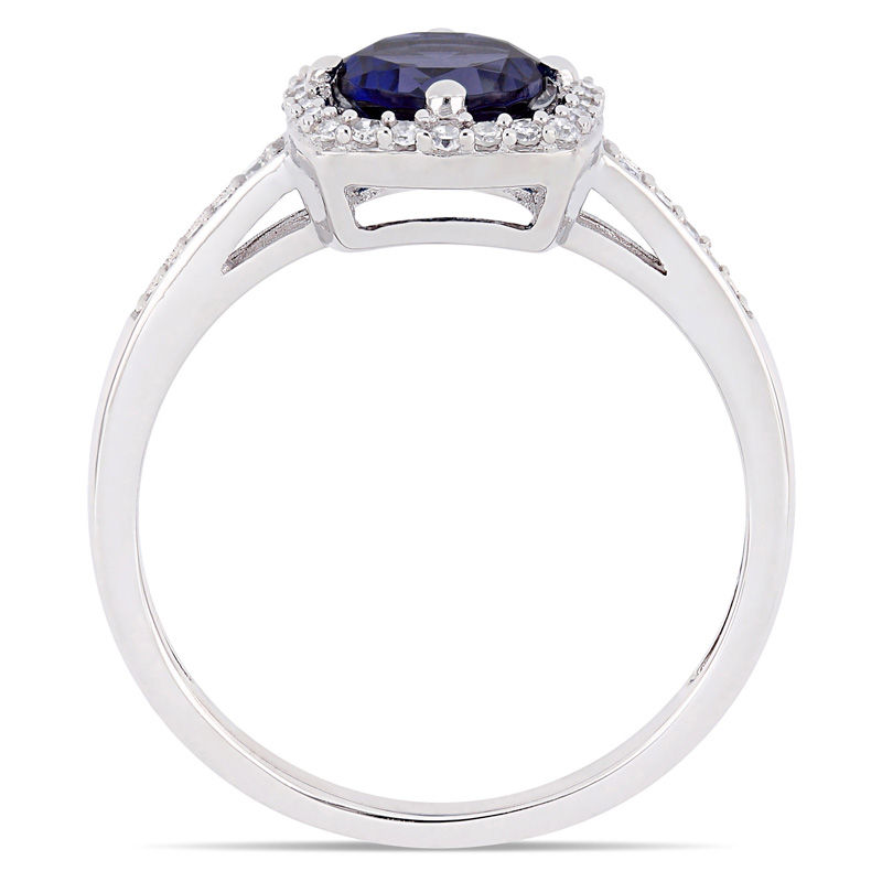 Main Image 3 of 6.0mm Lab-Created Blue Sapphire and 0.144 CT. T.W. Diamond Cushion Frame Ring in 10K White Gold