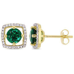 5.0mm Lab-Created Emerald and 0.072 CT. T.W. Diamond Cushion Frame Stud Earrings in 10K Gold