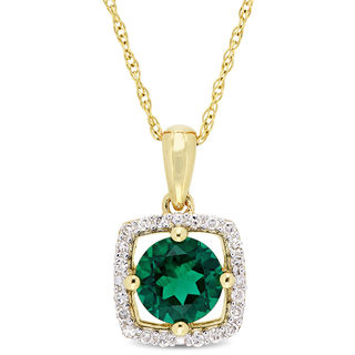 6.0mm Lab-Created Emerald and 0.10 CT. T.W. Diamond Cushion Frame Pendant in 10K Gold - 17"