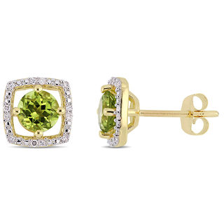 5.0mm Peridot and 0.072 CT. T.W. Diamond Cushion Frame Stud Earrings in 10K Gold