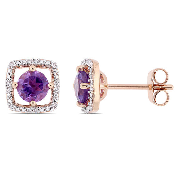 5.0mm Amethyst and 0.072 CT. T.W. Diamond Cushion Frame Stud Earrings in 10K Rose Gold