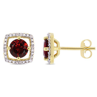 5.0mm Garnet and 0.072 CT. T.W. Diamond Cushion Frame Stud Earrings in 10K Gold