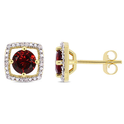 5.0mm Garnet and 0.072 CT. T.W. Diamond Cushion Frame Stud Earrings in 10K Gold