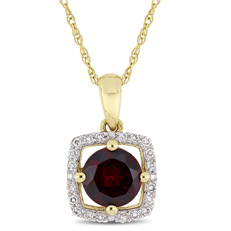 6.0mm Garnet and 0.10 CT. T.W. Diamond Cushion Frame Pendant in 10K Gold - 17"|Peoples Jewellers