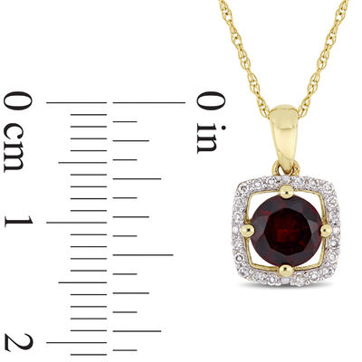 6.0mm Garnet and 0.10 CT. T.W. Diamond Cushion Frame Pendant in 10K Gold - 17"