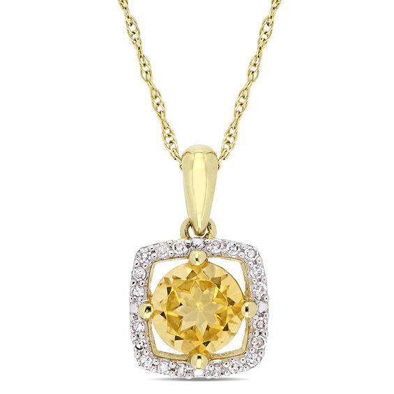 6.0mm Citrine and 0.10 CT. T.W. Diamond Cushion Frame Pendant in 10K Gold - 17"