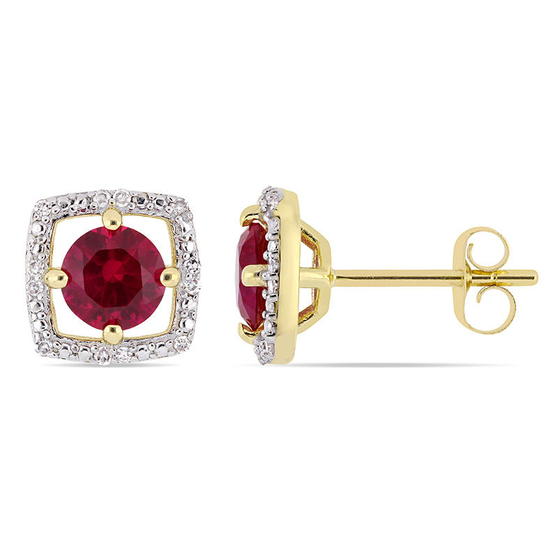 5.0mm Lab-Created Ruby and 0.072 CT. T.W. Diamond Cushion Frame Stud Earrings in 10K Gold|Peoples Jewellers