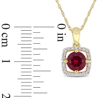 6.0mm Lab-Created Ruby and 0.10 CT. T.W. Diamond Cushion Frame Pendant in 10K Gold - 17"