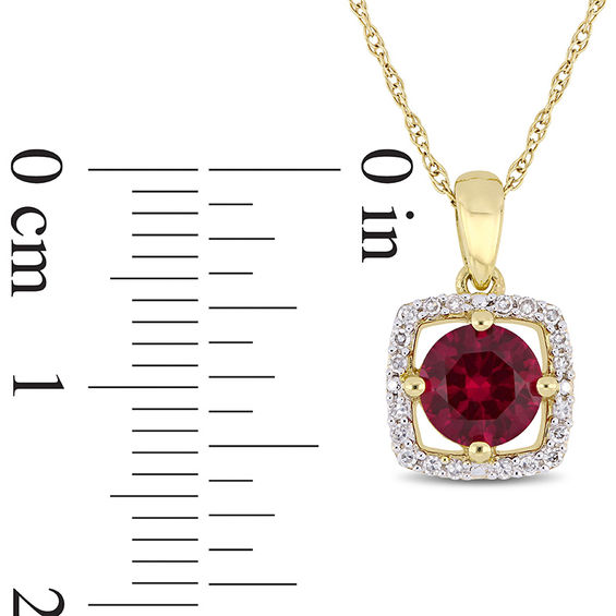 6.0mm Lab-Created Ruby and 0.10 CT. T.W. Diamond Cushion Frame Pendant in 10K Gold - 17"