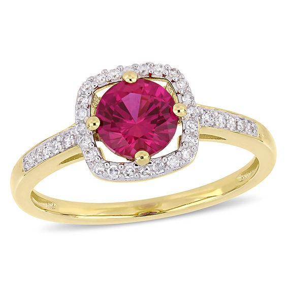 6.0mm Lab-Created Ruby and 0.144 CT. T.W. Diamond Cushion Frame Ring in 10K Gold