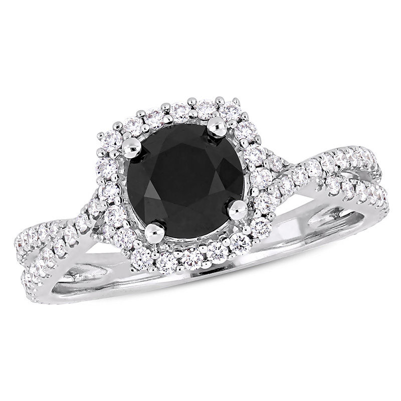1.50 CT. T.W. Enhanced Black and White Diamond Cushion Frame Twist Engagement Ring in 14K White Gold|Peoples Jewellers