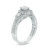 0.88 CT. T.W. Certified Canadian Diamond Three Stone Frame Vintage-Style Engagement Ring in 14K White Gold (I/I2)