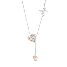 Diamond Accent Heart and Heartbeat Lariat Necklace in Sterling Silver and 10K Rose Gold - 26&quot;