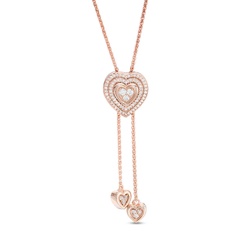 0.23 CT. T.W. Diamond Double Heart Frame Lariat Necklace in Sterling Silver with 14K Rose Gold Plate - 26"|Peoples Jewellers