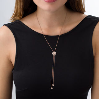 0.23 CT. T.W. Diamond Double Heart Frame Lariat Necklace in Sterling Silver with 14K Rose Gold Plate - 26"