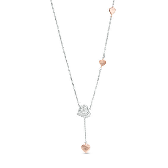 0.148 CT. T.W. Diamond Heart Station Lariat Necklace in Sterling Silver and 10K Rose Gold - 26"