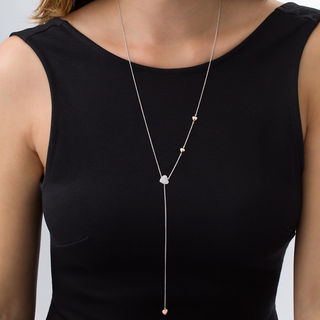 0.148 CT. T.W. Diamond Heart Station Lariat Necklace in Sterling Silver and 10K Rose Gold - 26"