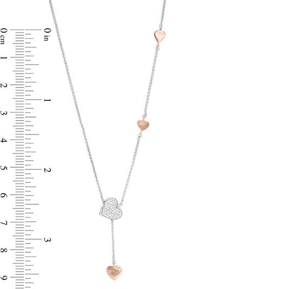 0.148 CT. T.W. Diamond Heart Station Lariat Necklace in Sterling Silver and 10K Rose Gold - 26"