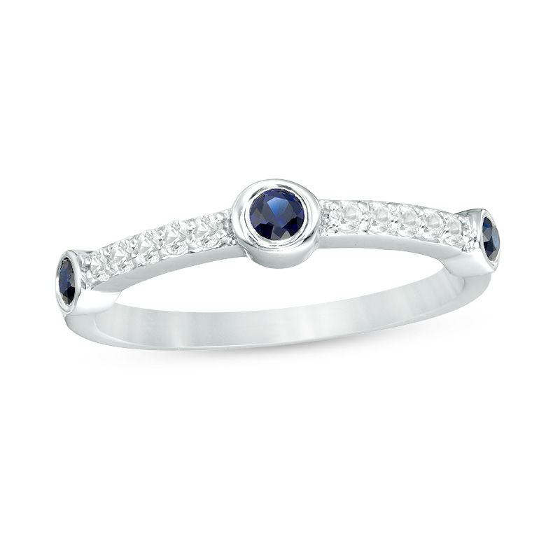 Bezel-Set Lab-Created Blue and White Sapphire Three Stone Station Ring in Sterling Silver