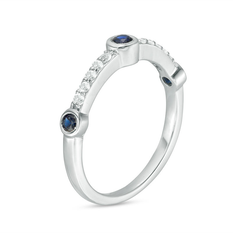 Bezel-Set Lab-Created Blue and White Sapphire Three Stone Station Ring in Sterling Silver
