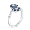 Thumbnail Image 1 of Lab-Created Blue and White Sapphire Double Flower Bypass Ring in Sterling Silver