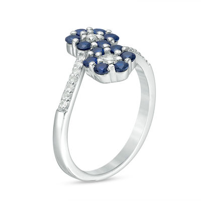 Lab-Created Blue and White Sapphire Double Flower Bypass Ring in Sterling Silver