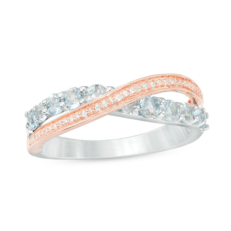 Aquamarine and 0.068 CT. T.W. Diamond Crossover Ring in Sterling Silver and 10K Rose Gold|Peoples Jewellers