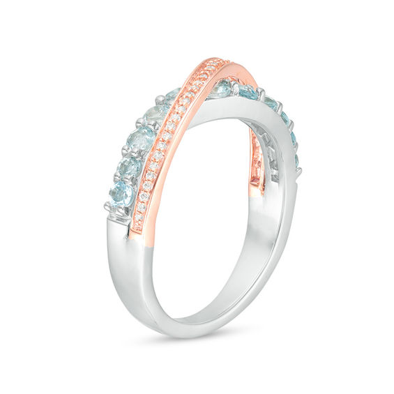 Aquamarine and 0.068 CT. T.W. Diamond Crossover Ring in Sterling Silver and 10K Rose Gold