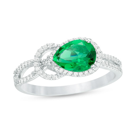 Pear-Shaped Lab-Created Emerald and 0.145 CT. T.W. Diamond Knot Frame Ring in Sterling Silver