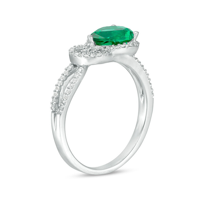 Pear-Shaped Lab-Created Emerald and 0.145 CT. T.W. Diamond Knot Frame Ring in Sterling Silver|Peoples Jewellers