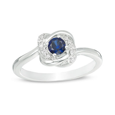 4.0mm Lab-Created Blue Sapphire and 0.065 CT. T.W. Diamond Knot Frame Ring in Sterling Silver