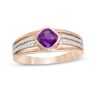 5.0mm Cushion-Cut Amethyst and 0.116 CT. T.W. Diamond Multi-Row Split Shank Ring in 10K Rose Gold