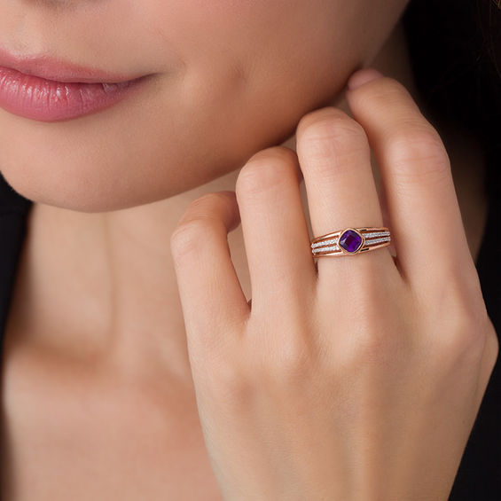 5.0mm Cushion-Cut Amethyst and 0.116 CT. T.W. Diamond Multi-Row Split Shank Ring in 10K Rose Gold