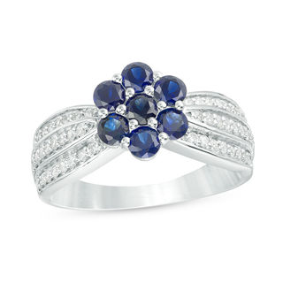 Lab-Created Blue Sapphire and 0.29 CT. T.W. Diamond Triple Row Flower Ring in Sterling Silver