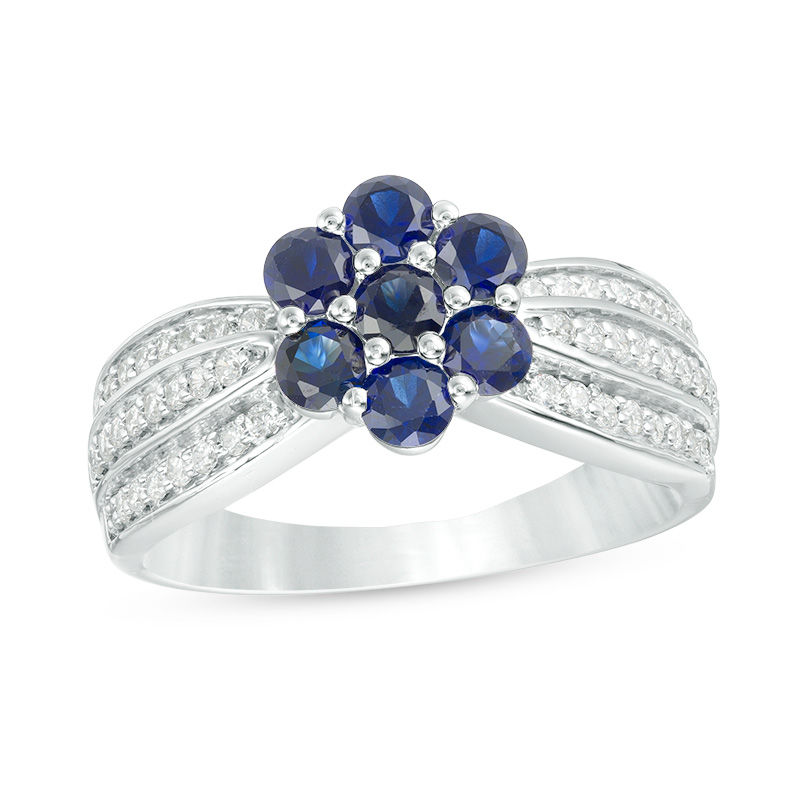 Lab-Created Blue Sapphire and 0.29 CT. T.W. Diamond Triple Row Flower Ring in Sterling Silver|Peoples Jewellers
