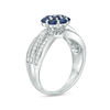 Lab-Created Blue Sapphire and 0.29 CT. T.W. Diamond Triple Row Flower Ring in Sterling Silver