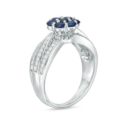 Lab-Created Blue Sapphire and 0.29 CT. T.W. Diamond Triple Row Flower Ring in Sterling Silver