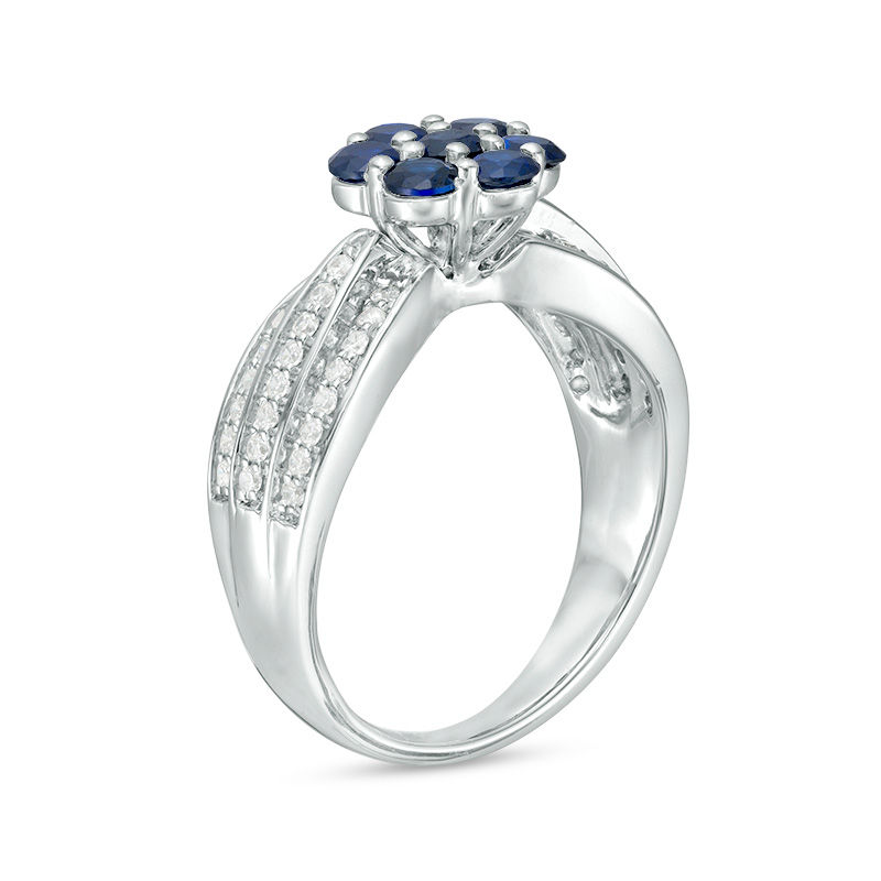 Lab-Created Blue Sapphire and 0.29 CT. T.W. Diamond Triple Row Flower Ring in Sterling Silver|Peoples Jewellers