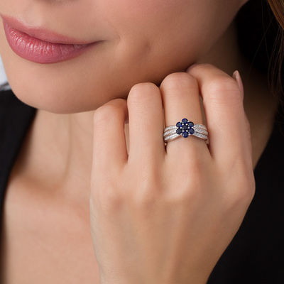 Lab-Created Blue Sapphire and 0.29 CT. T.W. Diamond Triple Row Flower Ring in Sterling Silver