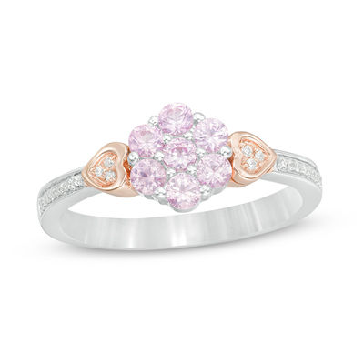 Lab-Created Pink Sapphire and 0.066 CT. T.W. Diamond Double Heart Flower Ring in Sterling Silver and 10K Rose Gold